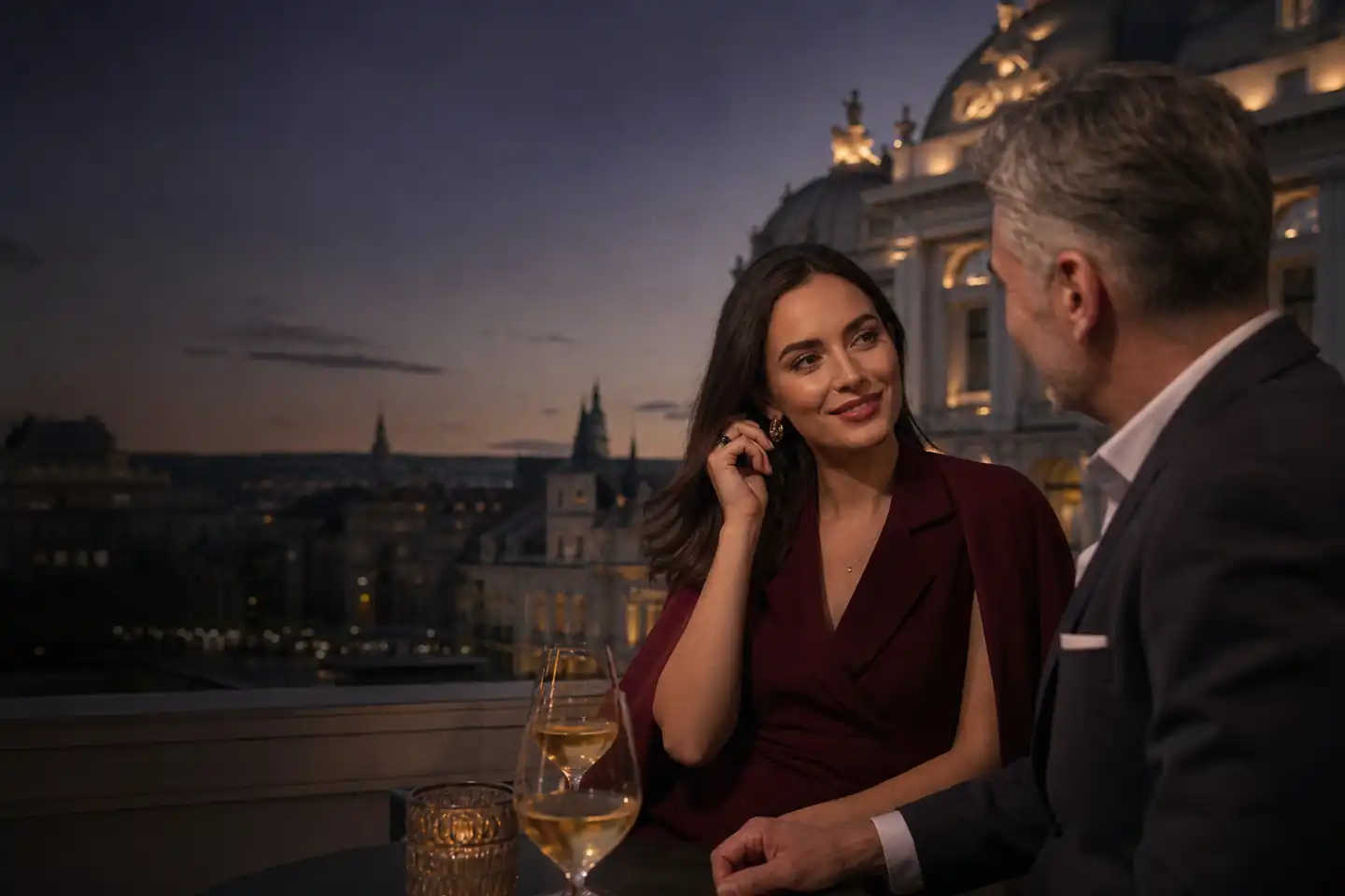 Sugar Baby și un bărbat matur discutând pe o terasă elegantă din România