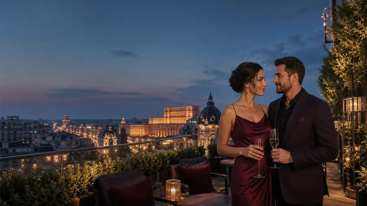 Cuplu elegant pe o terasă cu panorama Bucureștiului