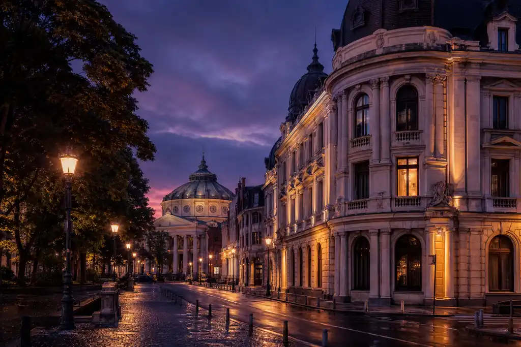 Arhitectură elegantă din București la ora albastră