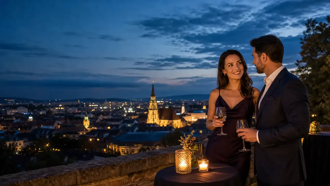 Cuplu elegant privind luminile orașului Cluj-Napoca