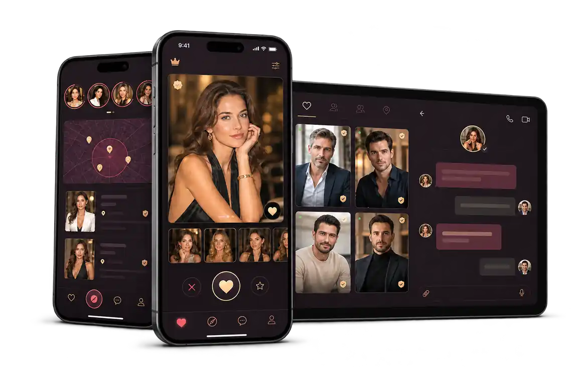 Interfața mobilă SugarDaddyMeet afișată pe două telefoane și o tabletă