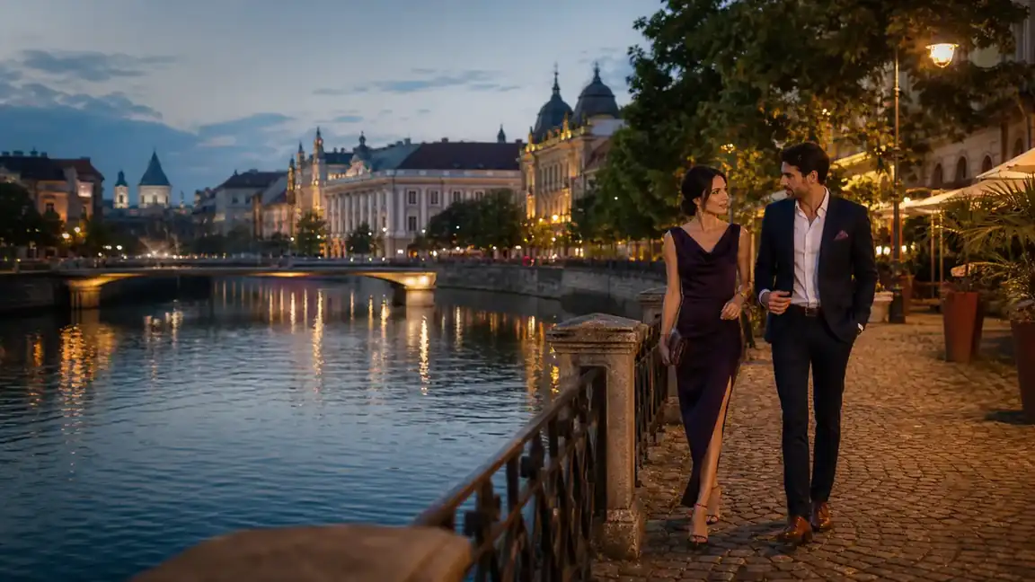 Cuplu elegant la plimbare pe malul Begăi în Timișoara