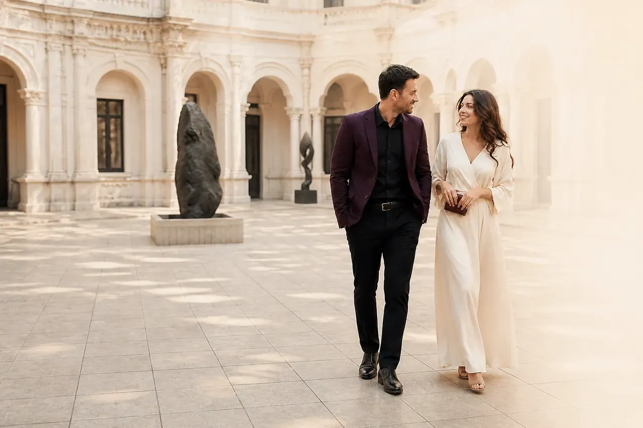 Cuplu elegant într-o galerie europeană din București